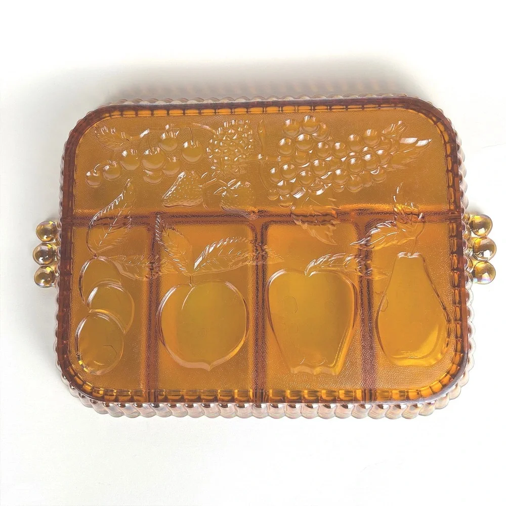 Indiana‎ Glass Iridescent Gold Amber Carnival Fruit Garland Divided Tray Platter